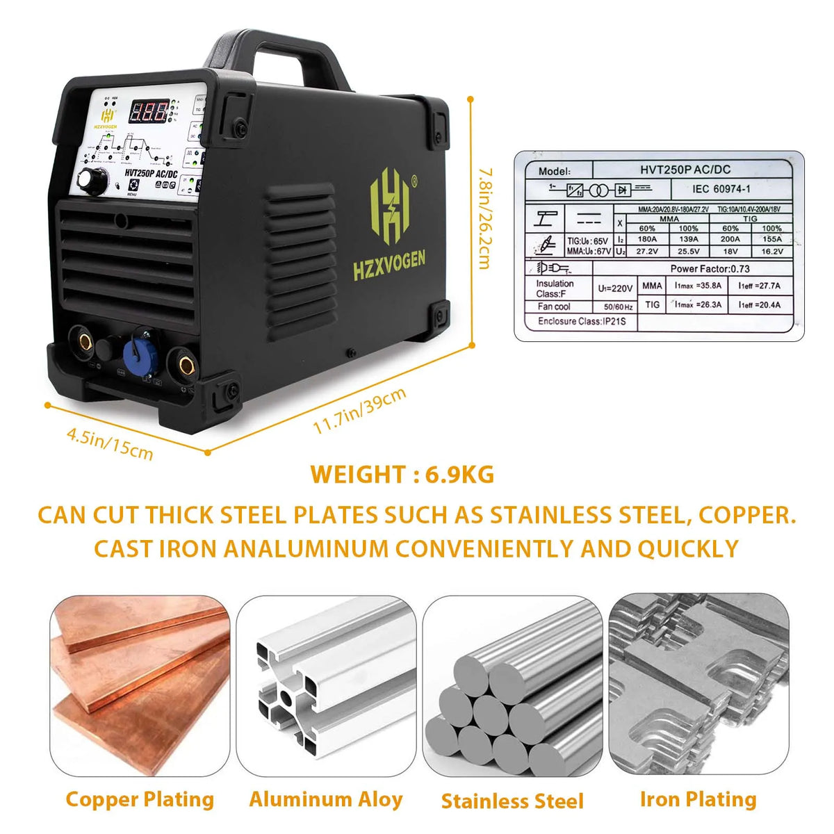 Hzxvogen - HVT250P - Elektrisch lasapparaat - 4 in 1 - Aluminium Tig-lasmachine - ARC-kracht 2T-4T - met voetpedaal - Zwart - QUORE