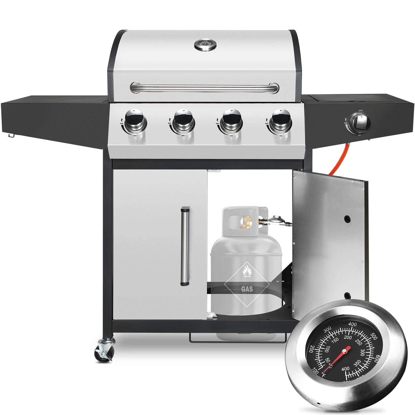 Gasbarbecue - BBQ-grill - Rookloze Barbecue - met Zijbrander - RVS Paneel - Thermometer - Groot Kookoppervlak - 52,000 BTU - 135 x 44 x 136 cm - Zilver