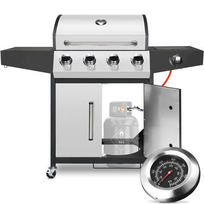 Gasbarbecue - BBQ-grill - Rookloze Barbecue - met Zijbrander - RVS Paneel - Thermometer - Groot Kookoppervlak - 52,000 BTU - 135 x 44 x 136 cm - Zilver