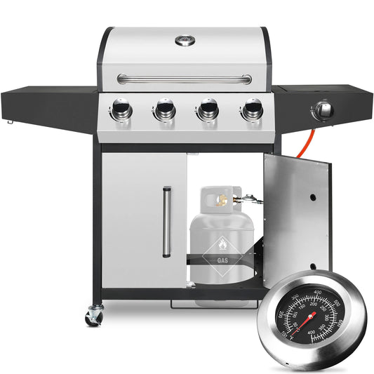 Gasbarbecue - BBQ-grill - Rookloze Barbecue - met Zijbrander - RVS Paneel - Thermometer - Groot Kookoppervlak - 52,000 BTU - 135 x 44 x 136 cm - Zilver