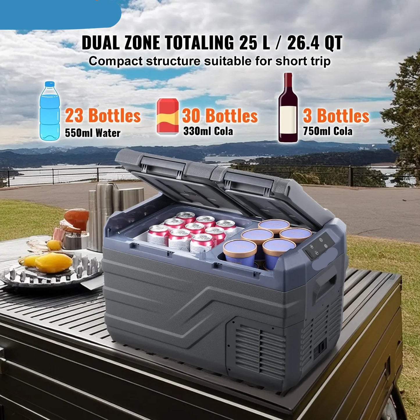 Elektrische Koelbox - Frigobox - Refrigerator - Car Fridge - Draagbaar - 25L - Dual Zone Compressor Koelbox - voor Auto, Camping en Reizen - Coolbox - Besturing via Bluetooth-app op smartphone