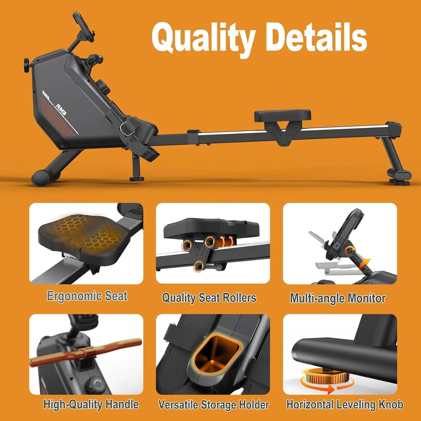 Roeimachine - Magnetische Roeitrainer - Roeiapparaat - Opvouwbare - met 16 Weerstandsniveaus - Bluetooth Connectie - LCD Display - 300N Weerstand - Max 150kg - Ergonomisch Ontwerp - Stil en Compact - Zwart - QUORE