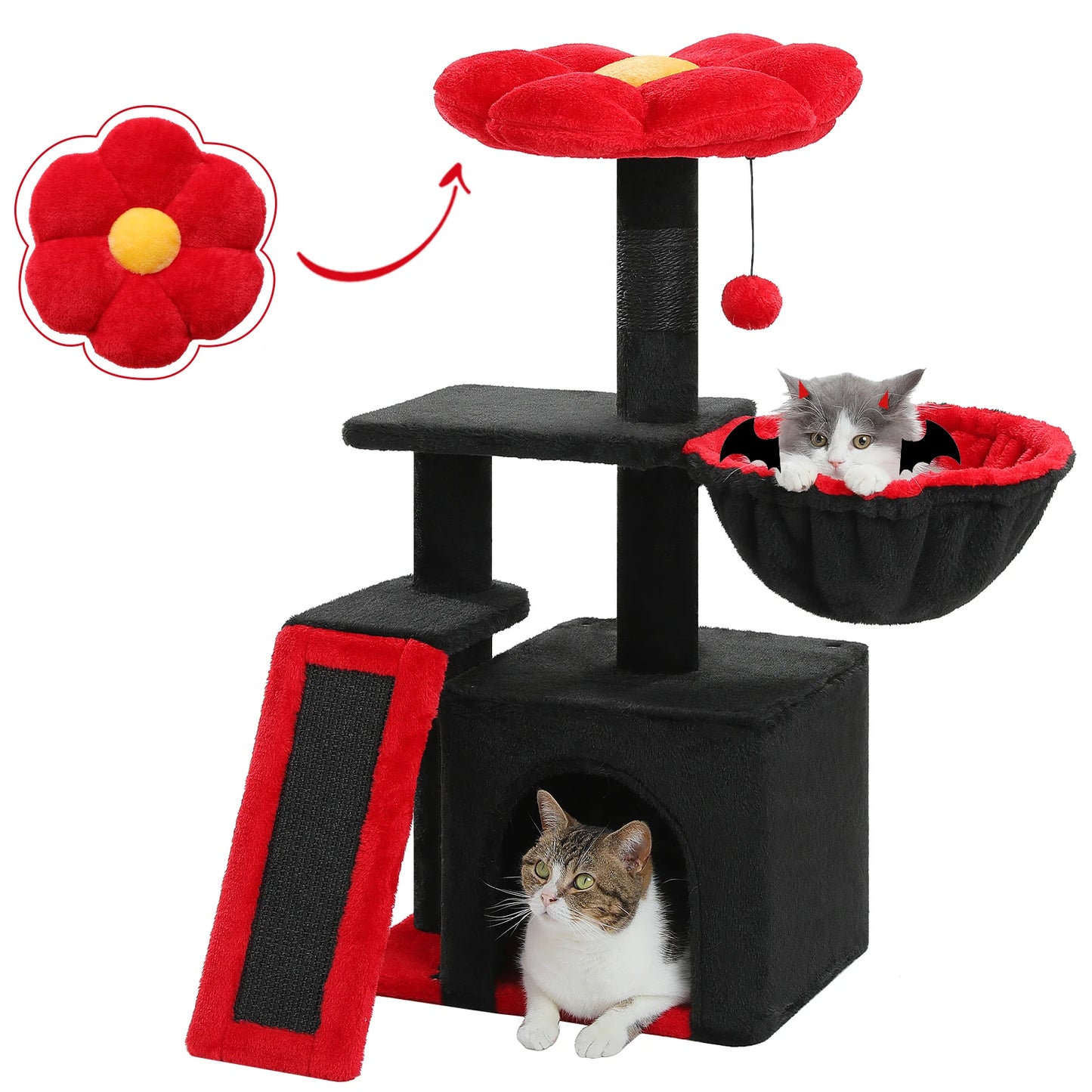 Kattenboom – met Bloem Ontwerp - Krabpaal - Stabiele Hangmat - Huis - Sisal Krabpalen - Verwijderbare Top Perch - Kat Condo - voor Kleine Binnenkatten - 80 cm - Zwart