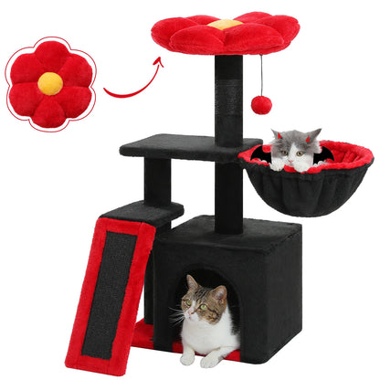 Kattenboom – met Bloem Ontwerp - Krabpaal - Stabiele Hangmat - Huis - Sisal Krabpalen - Verwijderbare Top Perch - Kat Condo - voor Kleine Binnenkatten - 80 cm - Zwart