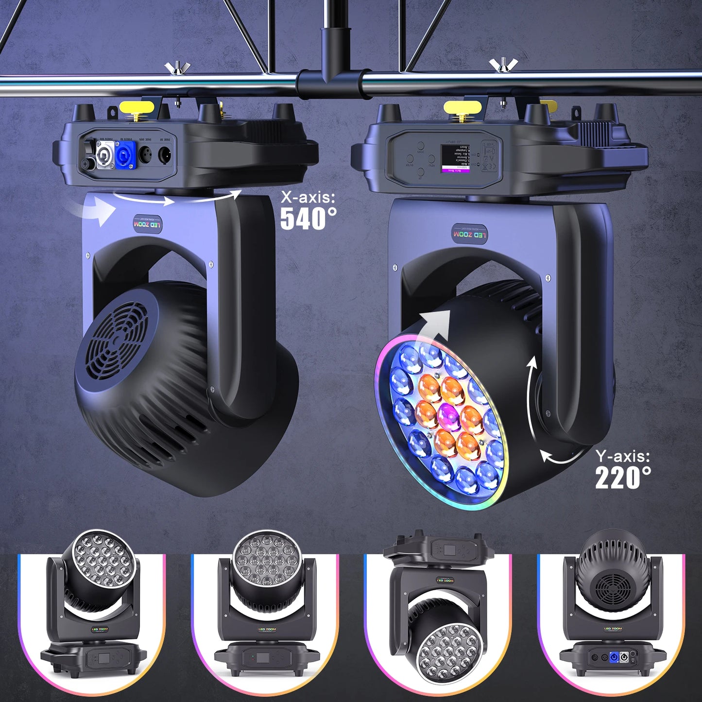 Moving Head Light – Led Verlichting – Podiumlamp – DJ Licht – Stroboscoop – 4 Stuks EU Stekker – 220W Vermogen – Instelbare Zoom en Focus - QUORE