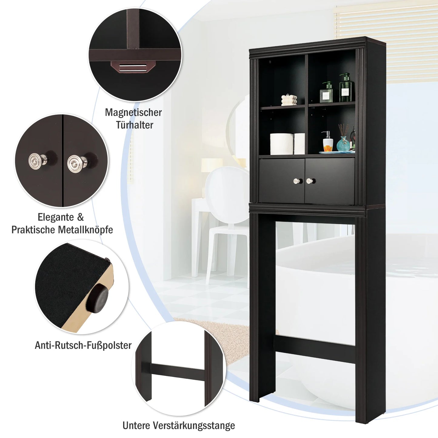 3-Lagen Toiletrek – Ruimtebesparend Badkamerrek met 4 Open Vakken & Verstelbare Planken – Wasmachine Rek voor Badkamer – Hout – 60x20x165 cm – Bruin