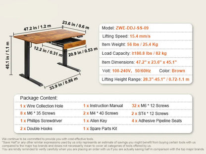 Zit-Sta Bureau - Bureautafel - Computer Tafel - Laptoptafel - Elektrisch - Hoogteverstelbaar - 47.2x23.6inch - met lade - voor Gaming en Thuiskantoor - 85kg Draagcapaciteit - Bruin
