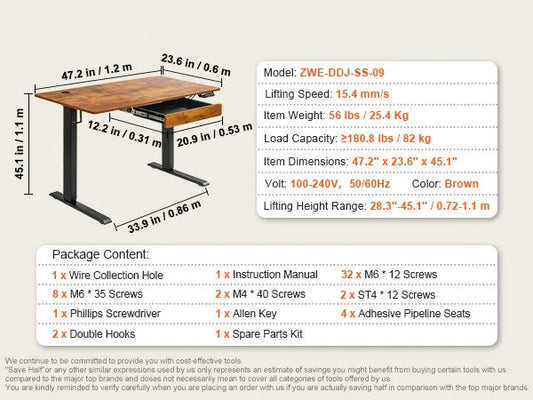 Zit-Sta Bureau - Bureautafel - Computer Tafel - Laptoptafel - Elektrisch - Hoogteverstelbaar - 47.2x23.6inch - met lade - voor Gaming en Thuiskantoor - 85kg Draagcapaciteit - Bruin