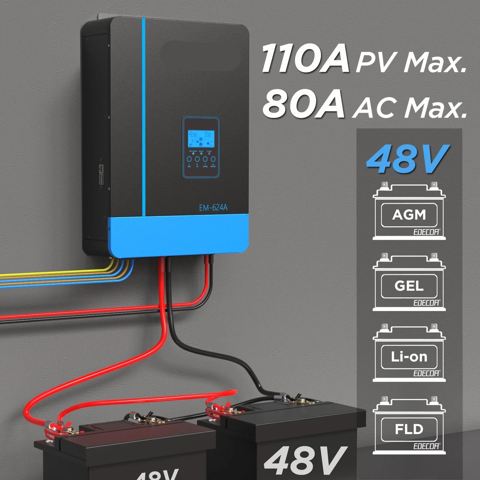 Hybride Omvormer – Zonne-Omvormer – MPPT Zonnecontroller – Acculader – Zuivere Sinusgolf – 6200W Continu Vermogen – UPS Functie - WIFI - 48V - QUORE