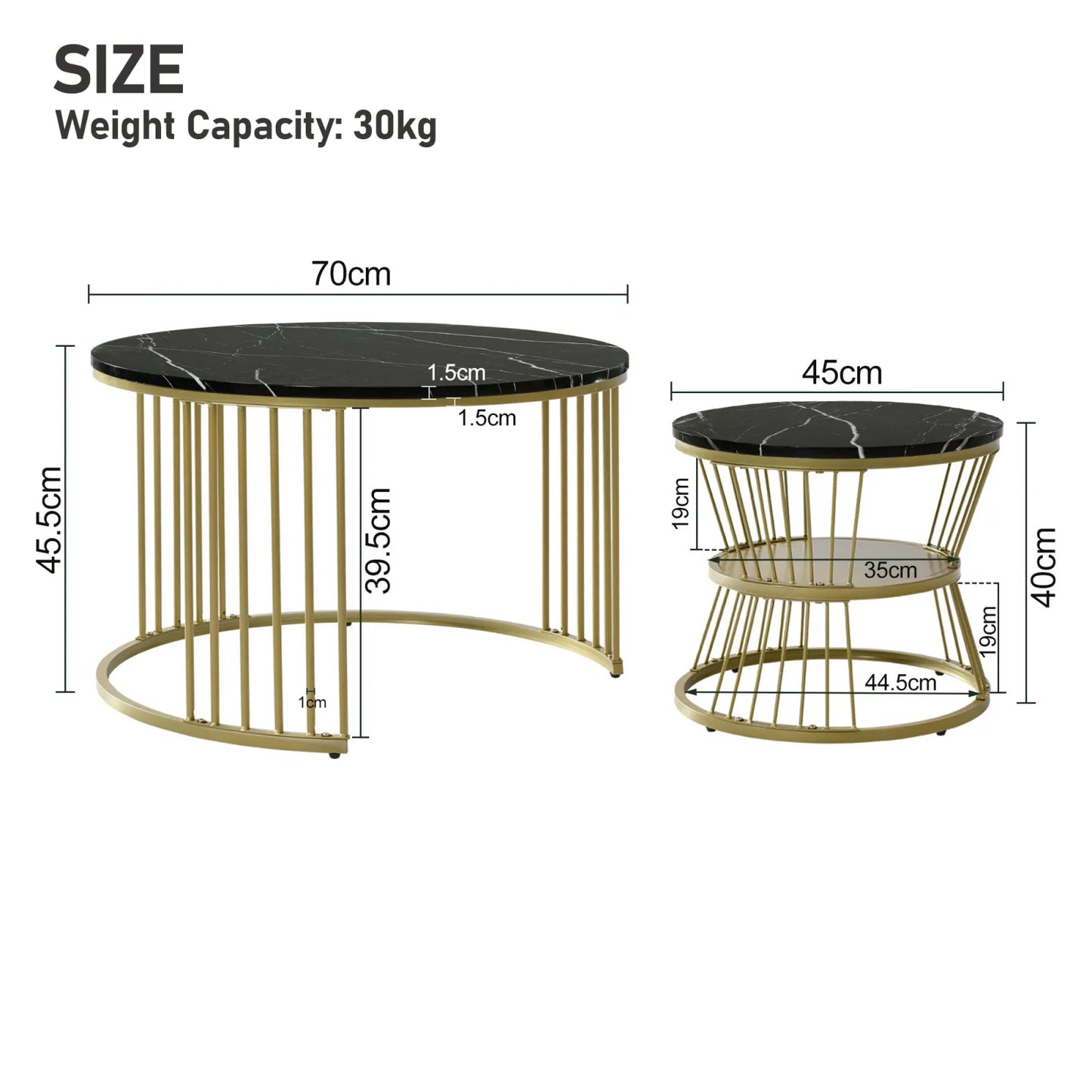 Nesting Salontafel – Salontafel Set – Bijzettafel – Ronde Tafel – Sofa Tafel – Zwart – Marmerfineer – Goud Metalen Frame
