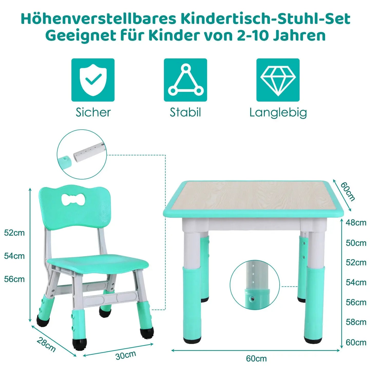 indertafel Met Stoeltjes – Verstelbare Kindertafel Set Met 2 Stoelen – Ergonomisch Ontwerp – Speeltafel Voor Kinderen Van 3 tot 8 Jaar – In Hoogte Verstelbaar – Ideaal Voor Speelkamer - Kinderkamer of Klaslokaal – Turquoise