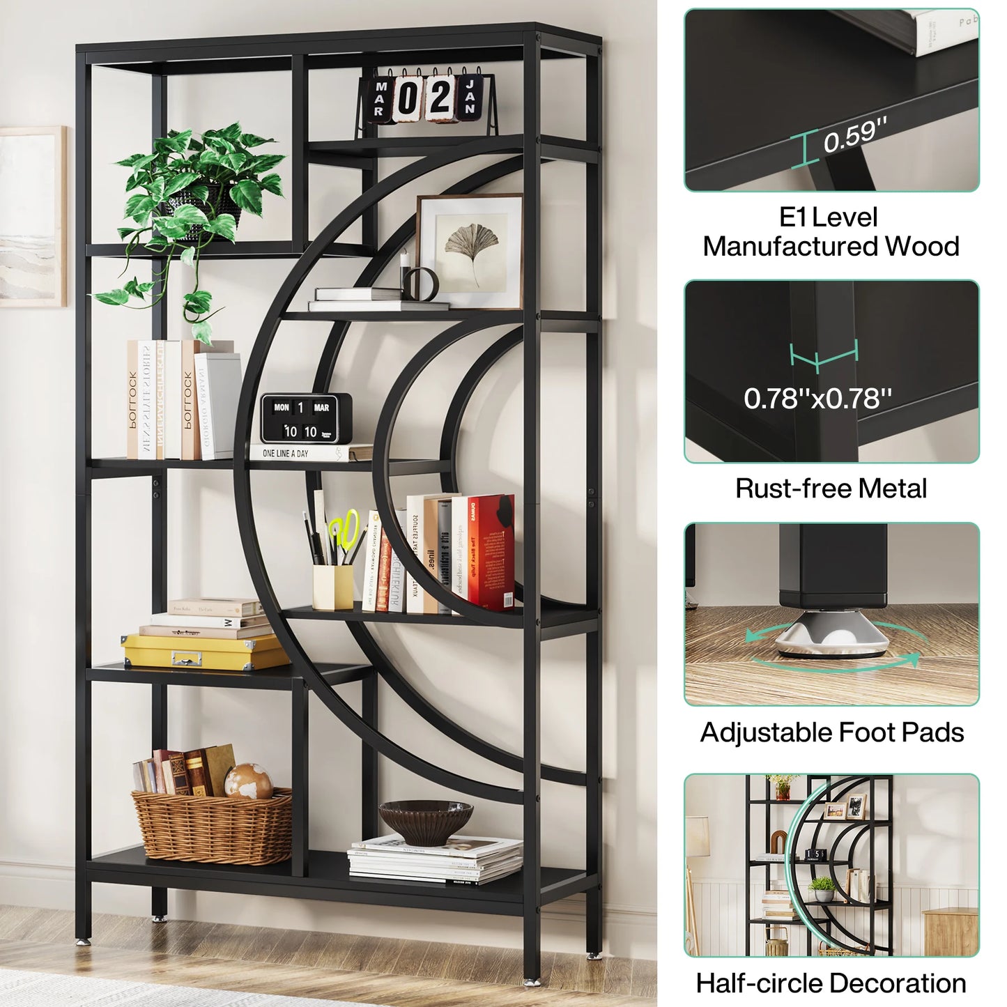 Boekenkast – Wandkast – Opbergkast – Boekenrek – Hout Met Metalen Frame – Verstelbare Pootjes – 9 Kg Draagkracht - 100 x 30 x 179 cm - Zwart