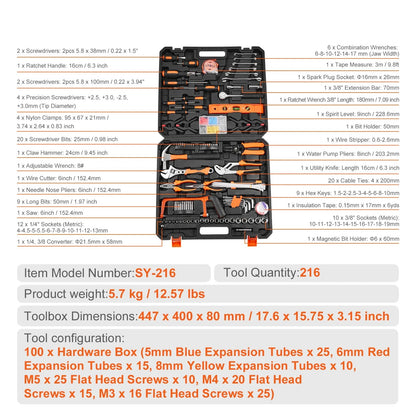 Tool Set – 216 Piece Hand Tool Set – Includes Screwdrivers, Wrenches, Hammer &amp; Pliers – Storage Case – Black