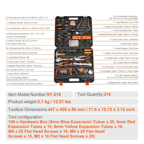 Gereedschapsset – 216-delige Handgereedschap Set – Inclusief Schroevendraaiers, Sleutels, Hamer & Tangen – Opbergkoffer – Zwart