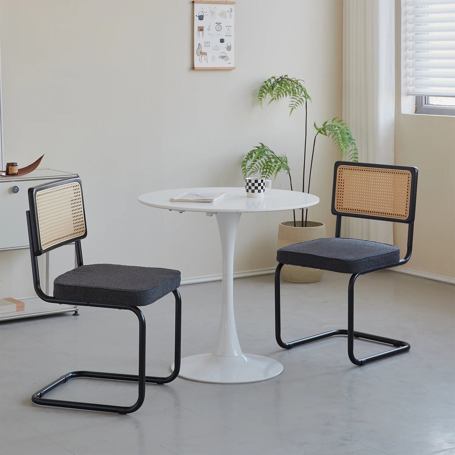 Set of 2 / 4 Vintage Dining Chair Plastic Rattan Chair Home Bedroom Desk Back Stool Bow Grain Velvet Cushion Seat Black / White