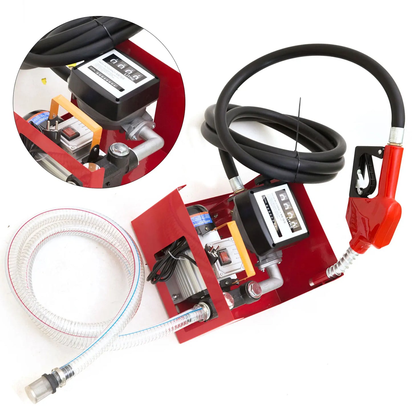Dieselpomp - Brandstofpomp - Oliepomp - Vloeistofpomp - Automatische - Diesel Transferpomp - 220V - Zelfaanzuigende Oliepomp met Nozzle & Slang – 60L/min – Rood - QUORE