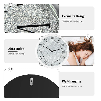 Ronde Wandklok – Kristallen Klok – Spiegelklok – Diamant Effect Klok – Zilveren Wandklok – Quartz Uurwerk – 60 cm Diameter