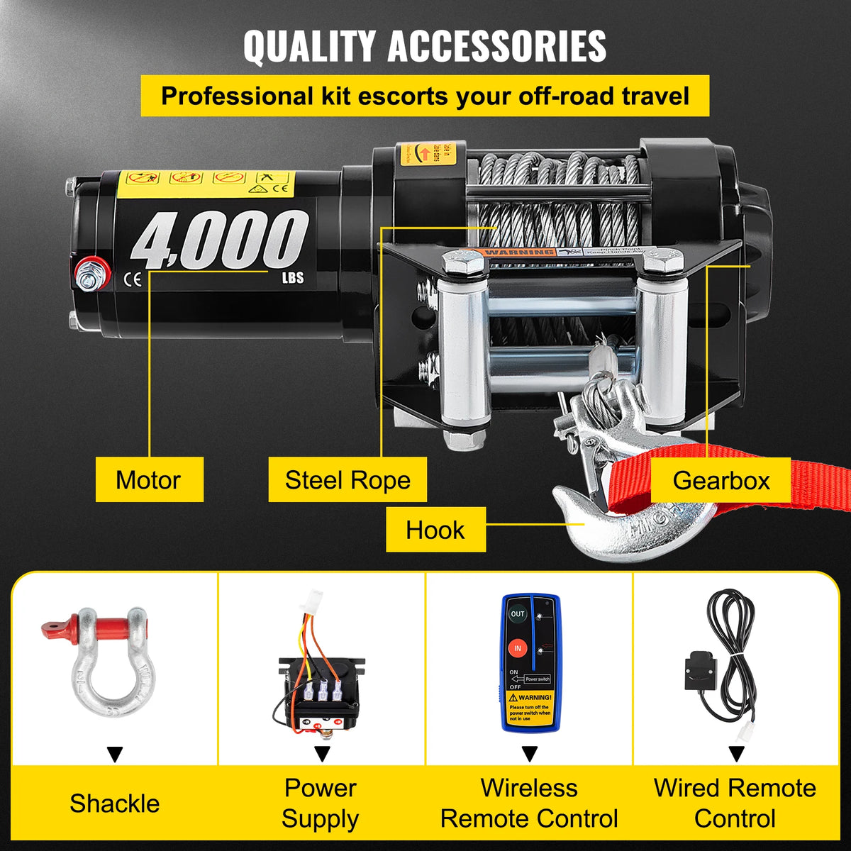 Electric Winch - Winch - Tackle - Electric Hoist - Wire Rope Winch - 4000lbs - with 10M Cable - with Wireless Control - for ATV Truck Off Road