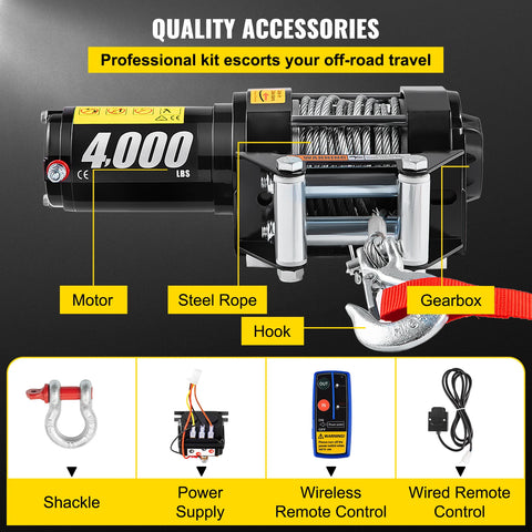 Elektrische lier - Lier - Tackle - Elektrische takel - Staalkabellier - 4000lbs - met 10M kabel - met draadloze bediening - voor ATV Truck Off Road