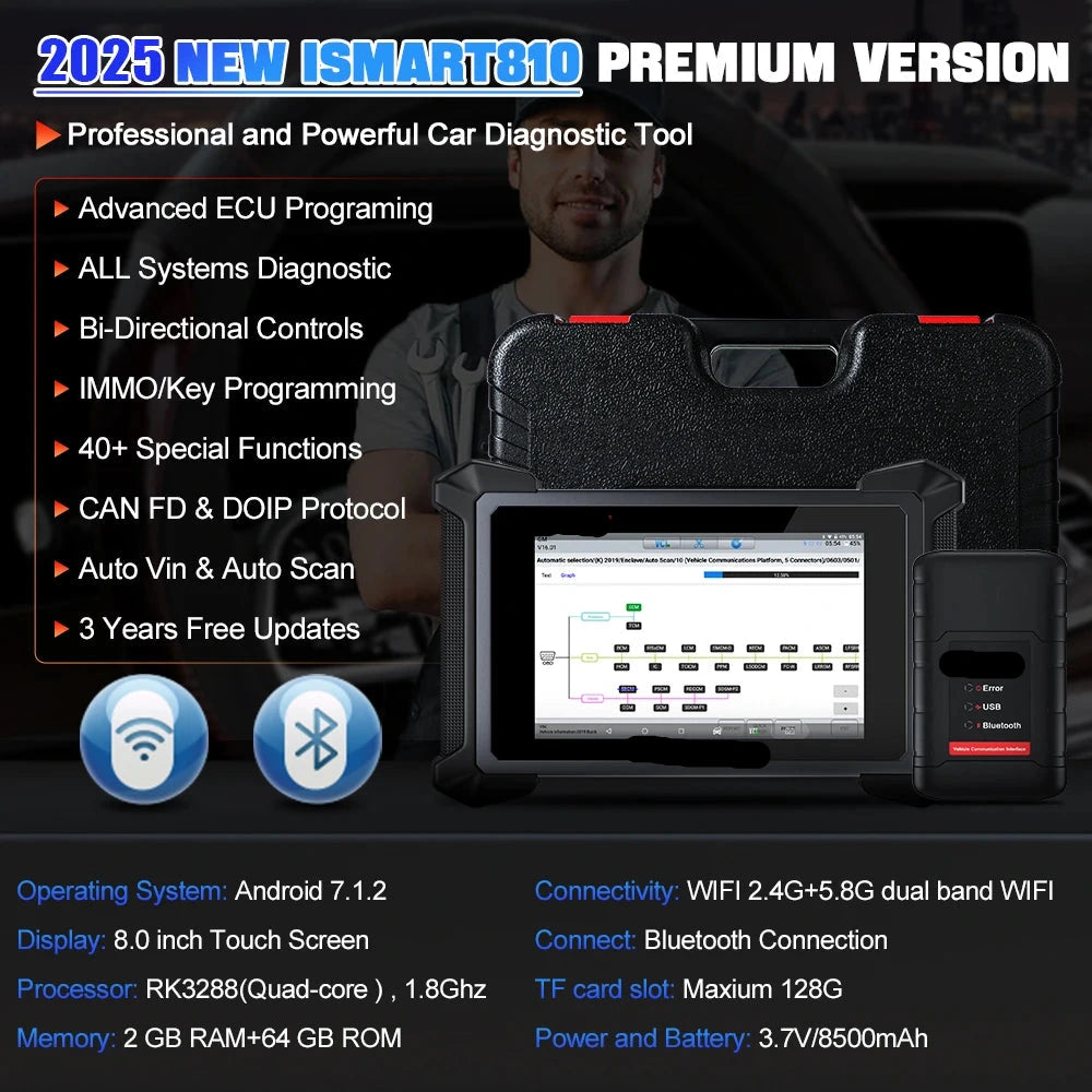 Auto Diagnosetool – OBD Scanner – Diagnoseapparaat – Sleutelprogrammering – 8-Inch Touchscreen – Bluetooth – 8500 mAh Batterij