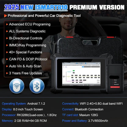 Auto Diagnosetool – OBD Scanner – Diagnoseapparaat – Sleutelprogrammering – 8-Inch Touchscreen – Bluetooth – 8500 mAh Batterij