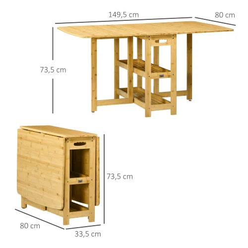 Opvouwbare Eettafel – Klaptafel – Uitklapbare Tafel – Bamboe Tafel – Verstelbare Poten – 2 Opbergruimtes - 59.5 x 80 x 73.5 cm - Houtkleur