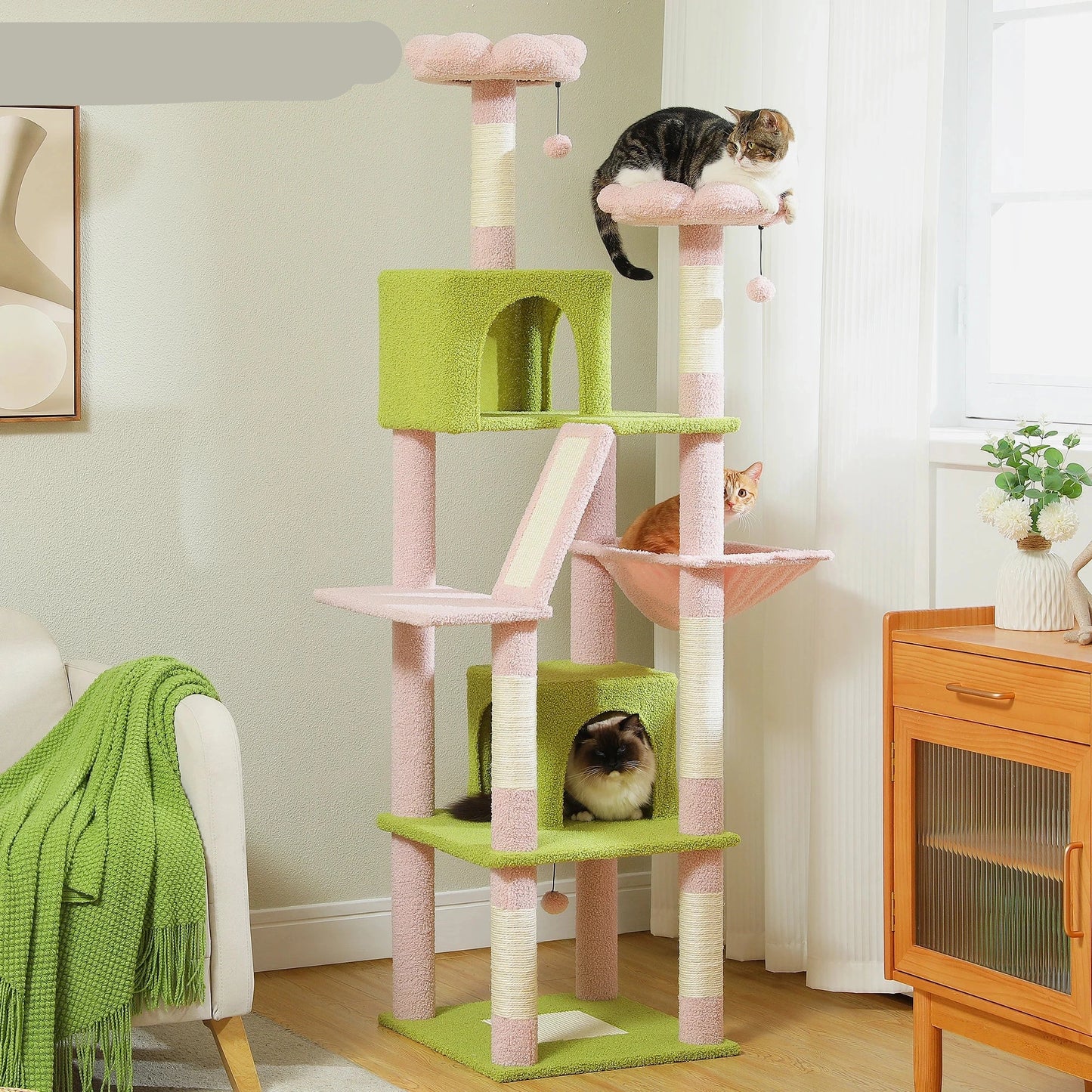Kattenboom - Sisal Krabpalen - Kitten Krabpaal - Katten Klimmuur - Arbre a Chat - Meerdere Verdiepingen - Grote - 180cm - met Hangmat & Speeltjes - Houten Krabmeubel - voor Binnenkatten - Roze