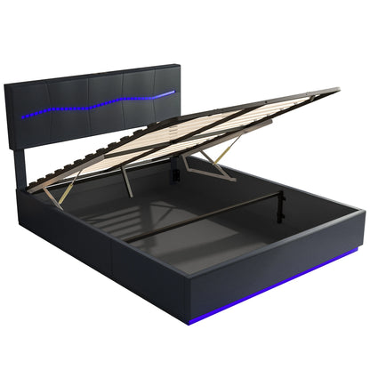 Opbergbed – Tweepersoonsbed – Gestoffeerd Bed – Hydraulisch Bed – Ledverlichting – Ruime Opbergruimte – PU-Leren Hoofdbord