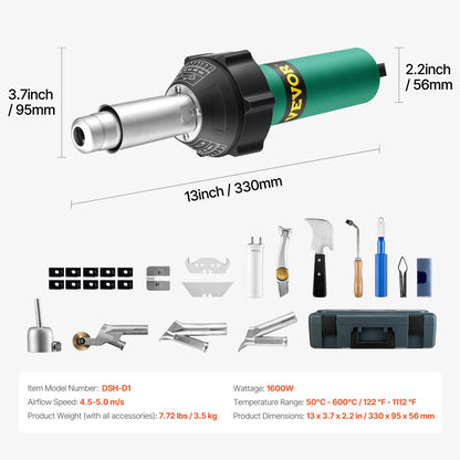 Hete Lucht Kunststoflasser – Kunststof Lasapparaat – Thermoplast Lassen – PVC Lasser – 1600W Motor – Instelbare Temperatuur 50-600°C