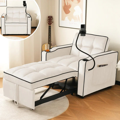 Bankbed – Slaapbank – Sofa Bed – Uittrekbare Loungestoel – 3-in-1 Multifunctioneel – Verstelbare Rugleuning – Beige Velvet