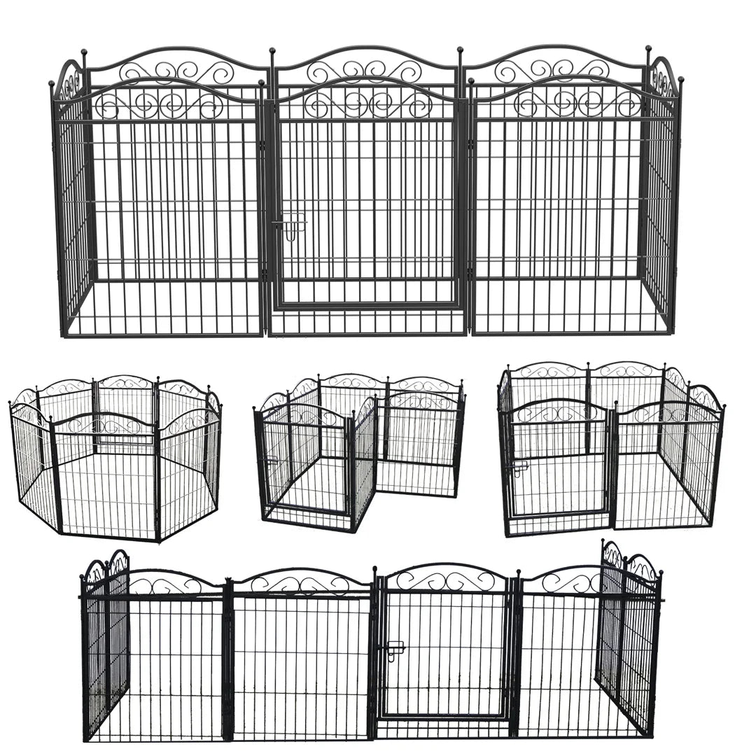 Hondenren – Hondenhok – Hondenkennel – Hondenafzetting – Speelren – 8 Metalen Panelen – Roestbestendig Materiaal - 190 x 63 x 80 cm - Zwart