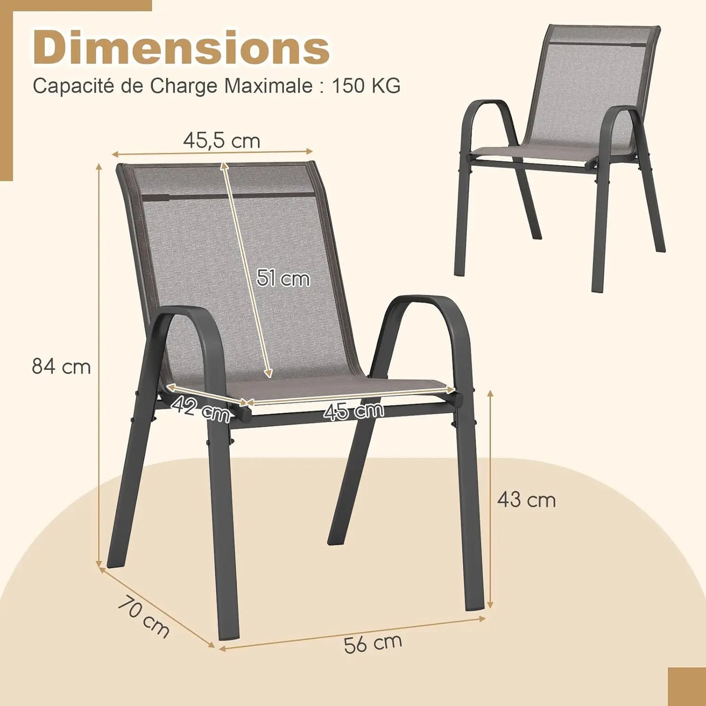 4-delige stapelbare tuinstoelenset met armleuningen – metalen frame – textilene – balkonstoelen – grijs – 150 kg draagvermogen