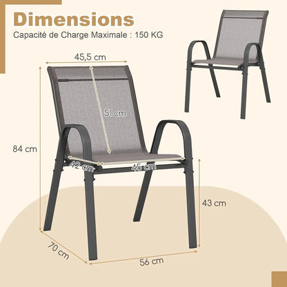 4-delige stapelbare tuinstoelenset met armleuningen – metalen frame – textilene – balkonstoelen – grijs – 150 kg draagvermogen