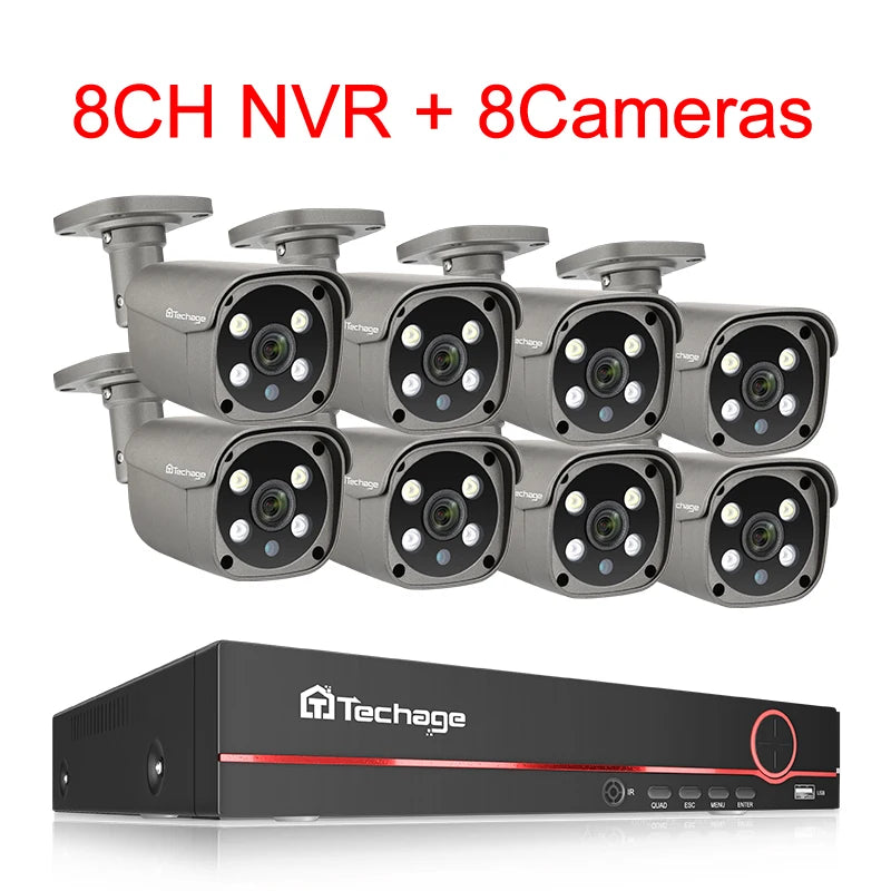 Techage 8CH 5MP HD POE CCTV Security Camera System Home Video Surveillance NVR Kit Face Detection Outdoor IP Camera Set Xmeye - QUORE