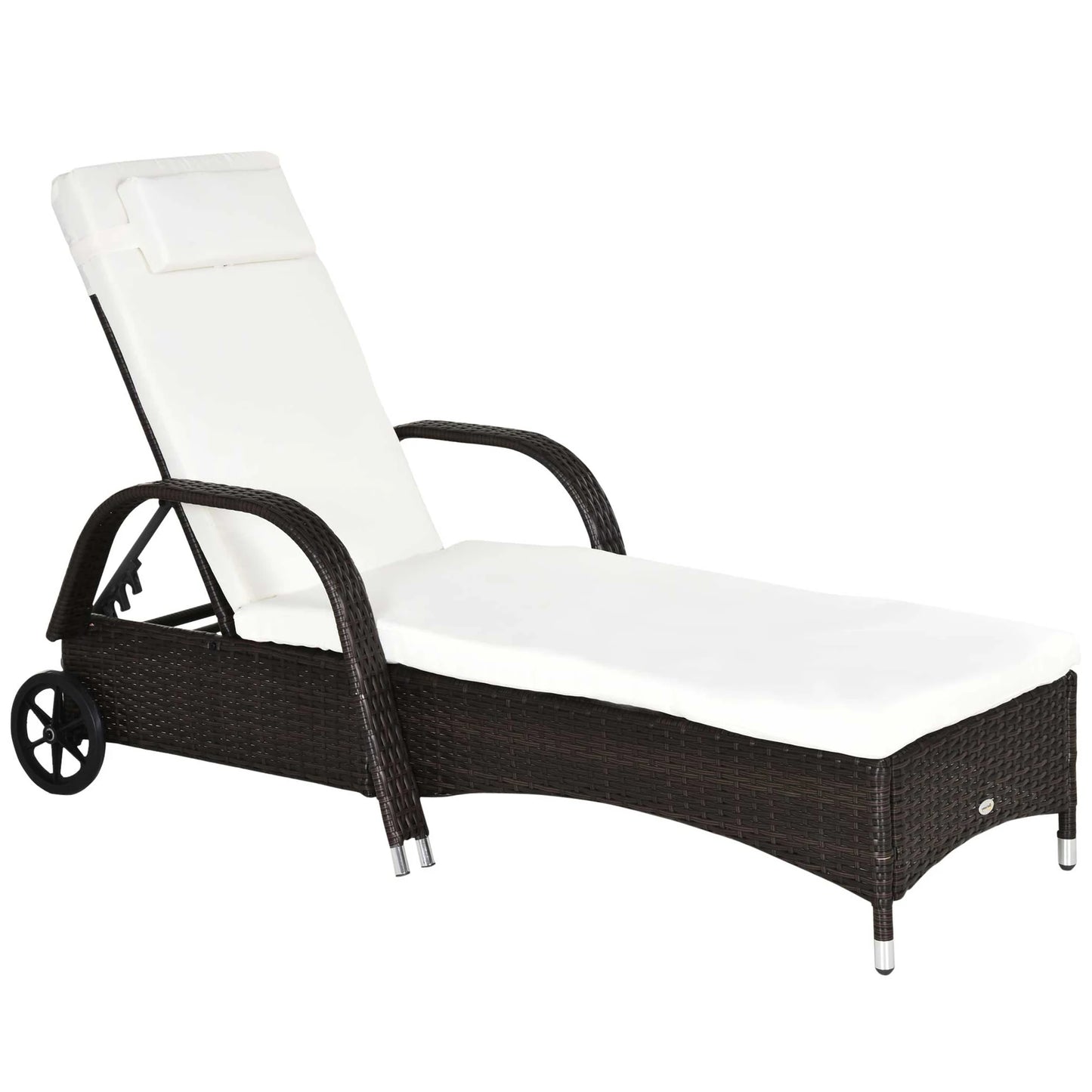 Rattan Tuin Lounger met Verstelbare Rugleuning en Kussens - 2 Wielen - Bruin Outdoor Zonnebed - QUORE