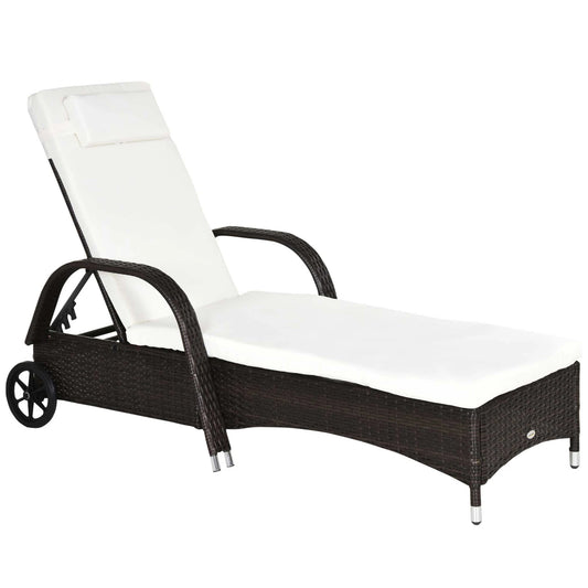 Rattan Tuin Lounger met Verstelbare Rugleuning en Kussens - 2 Wielen - Bruin Outdoor Zonnebed - QUORE