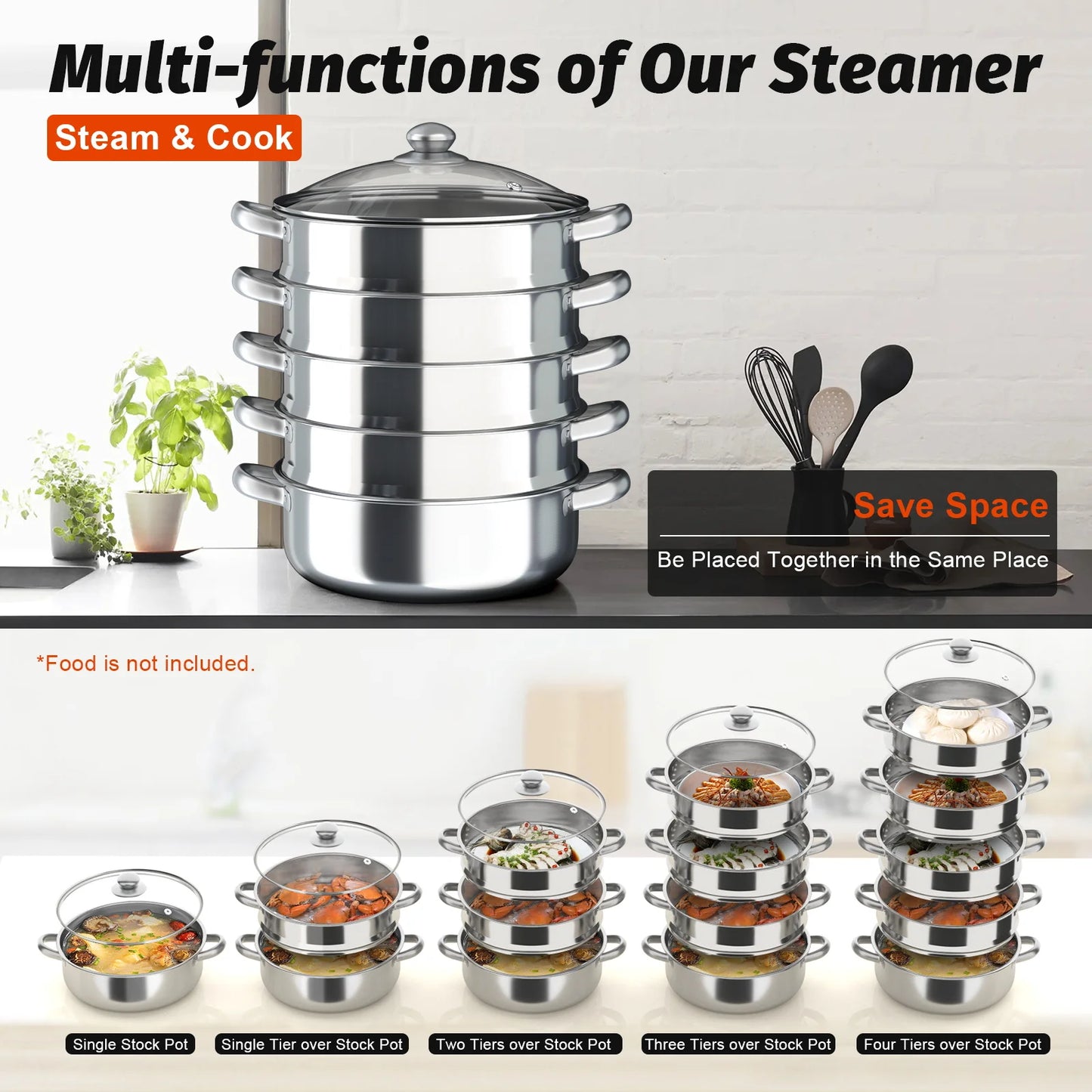5 Laagse Stoomkoker van Roestvrijstaal – Stapelbare Stomer/Stoompan met Deksel – Diameter 26 cm – Geschikt voor Gezond Koken van Groenten - Vis - Rijst & Dim Sum