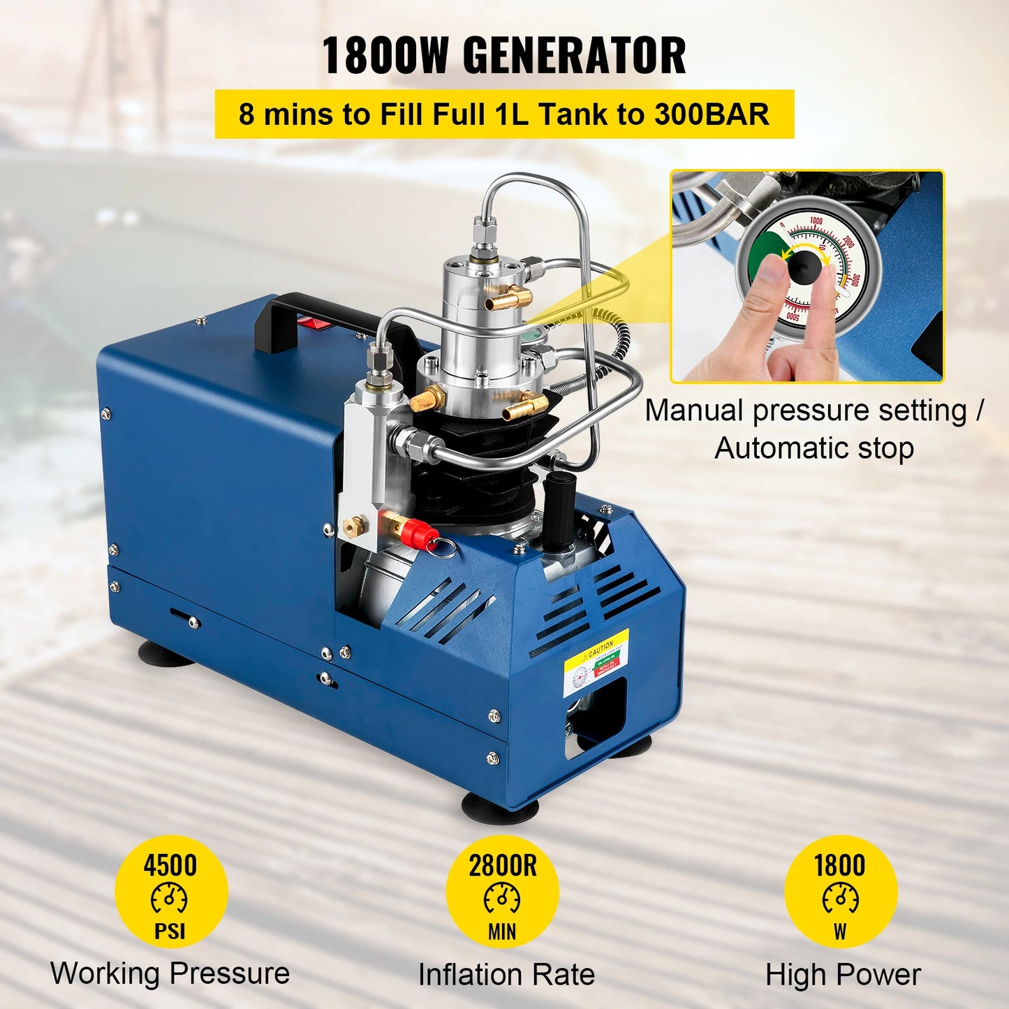 Luchtcompressor - Luchtcompressor Bandenpomp - Airpress Compressor - Hogedrukpomp - 4500Psi PCP - 300Bar - 30MPA - 1800W - 220V - met Ingebouwde 12V Draagbare Stroomadapter Ventilator - Blauw