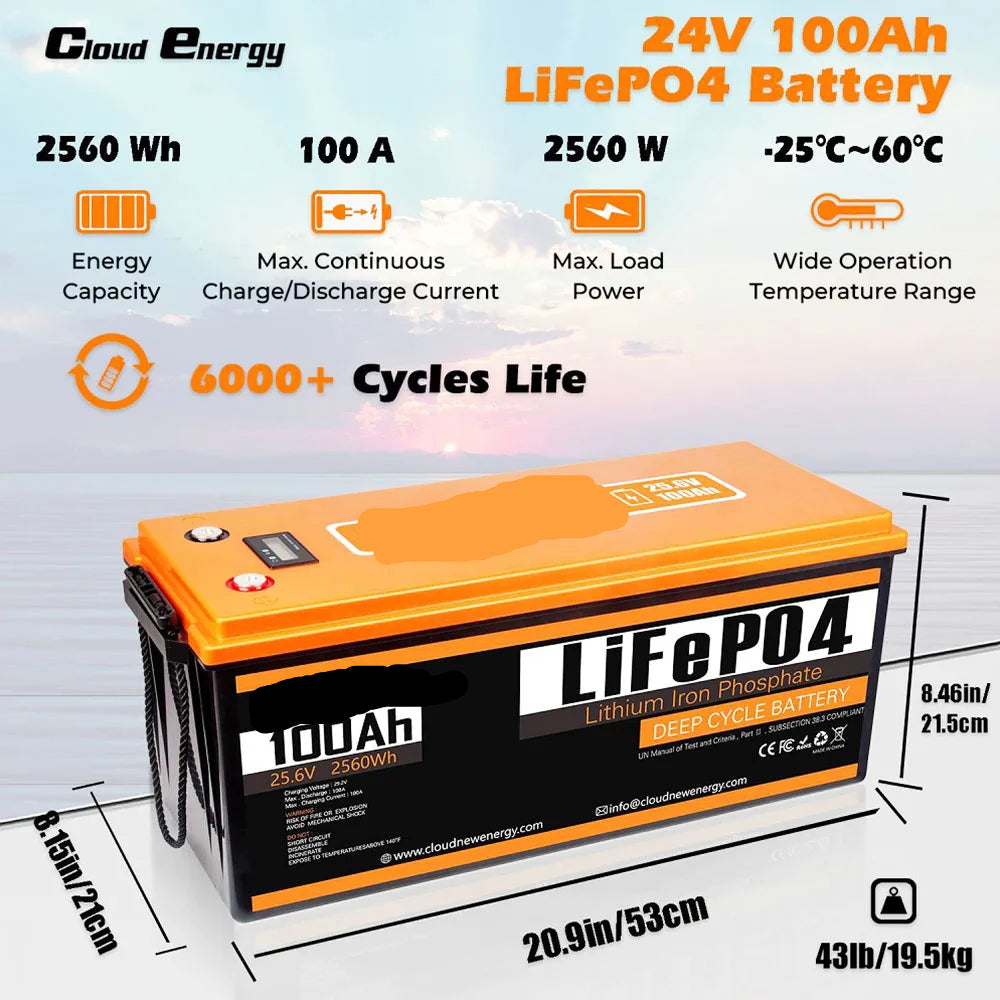 LiFePO4 Accu – Lithium Accu – Zonne-Accu – Camper Accu – Boot Accu – 24V 100Ah – IP63 Spatwaterdicht