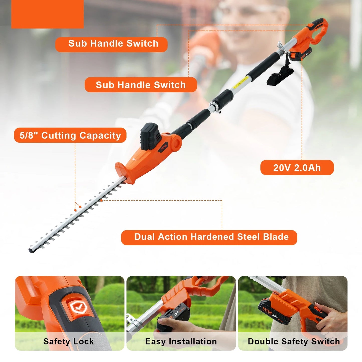 Vevor - Knot Trimmer - Hedge Trimmer - 18in - Cordless Pruning Shears - Double Edged Steel Blade - Garden Tools - 74"-94" Telescopic Pole for High Branches - Orange