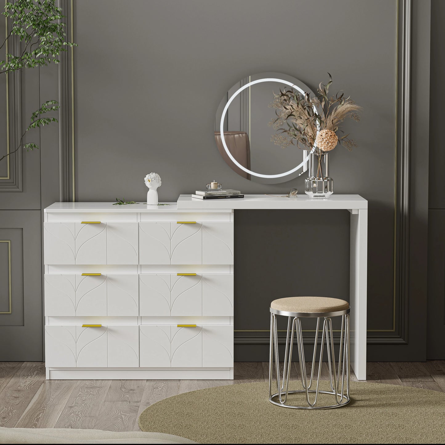 Kaptafel – Make-Up Tafel – Slaapkamermeubel – Opbergmeubel – Toilettafel – Zes Ruime Lades – Bloemmotief Tafelblad