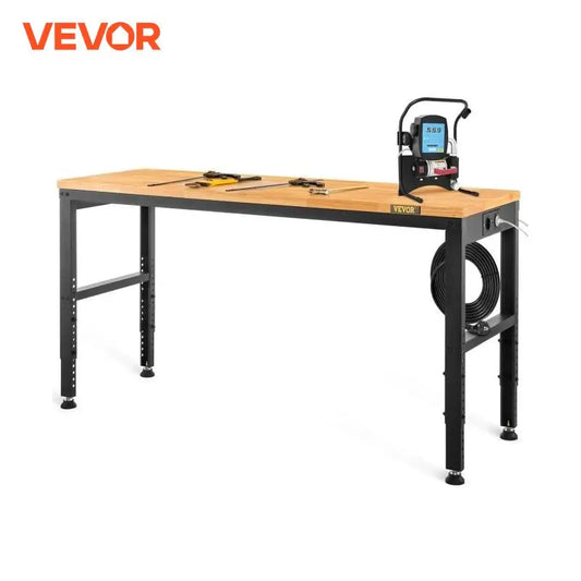 Vevor Heavy-Duty Workbench 72cm Adjustable Height Oak Wood Hardwood Top Work Table 900KG Load Capacity for Office Home Workshop - QUORE