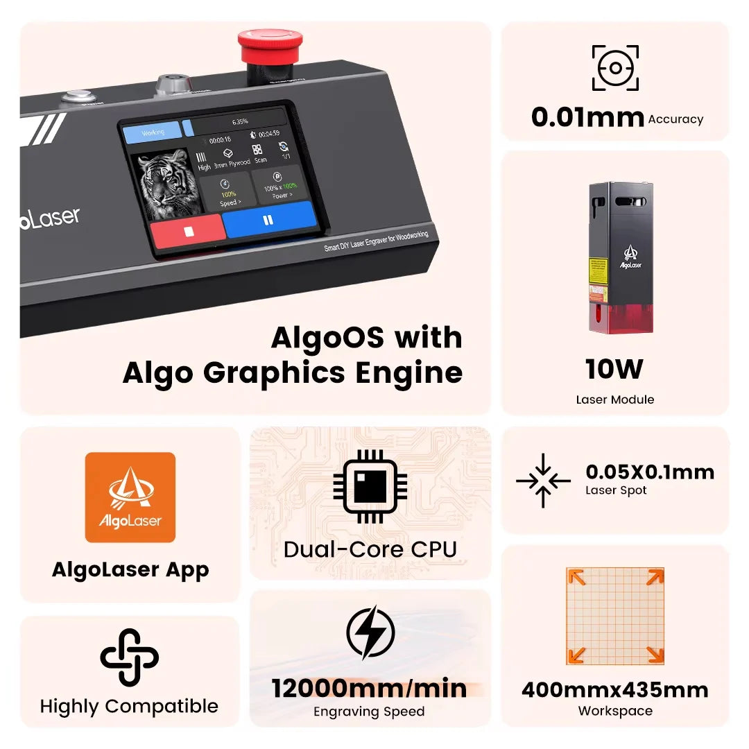CNC Laser Graveermachine – Laser Cutter – Laser Graveerder – Laser Snijmachine – Laser Etser – 40x43 cm Werkoppervlak – 10 Watt Laservermogen – 3,5” Touchscreen – Offline Bediening