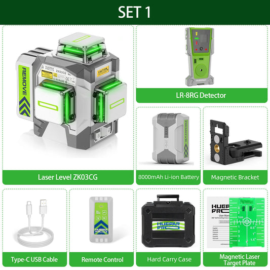12-Lijnen 3D Kruislijnlaser – Laserwaterpas – Zelfnivellerende Laser – Bouwlaser – 360° Laserniveau – Afstandsbediening – 8000mAh Li-Ion Batterij – IP54 Bescherming – Variant SET-1