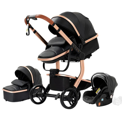 3-in-1 Opvouwbare Kinderwagen - Babywagen - Poussette - Buggy - Pram - Wandelwagen - PU Leren Bekleding – Inclusief Autostoel – Lichtgewicht & Multifunctioneel – Zwart