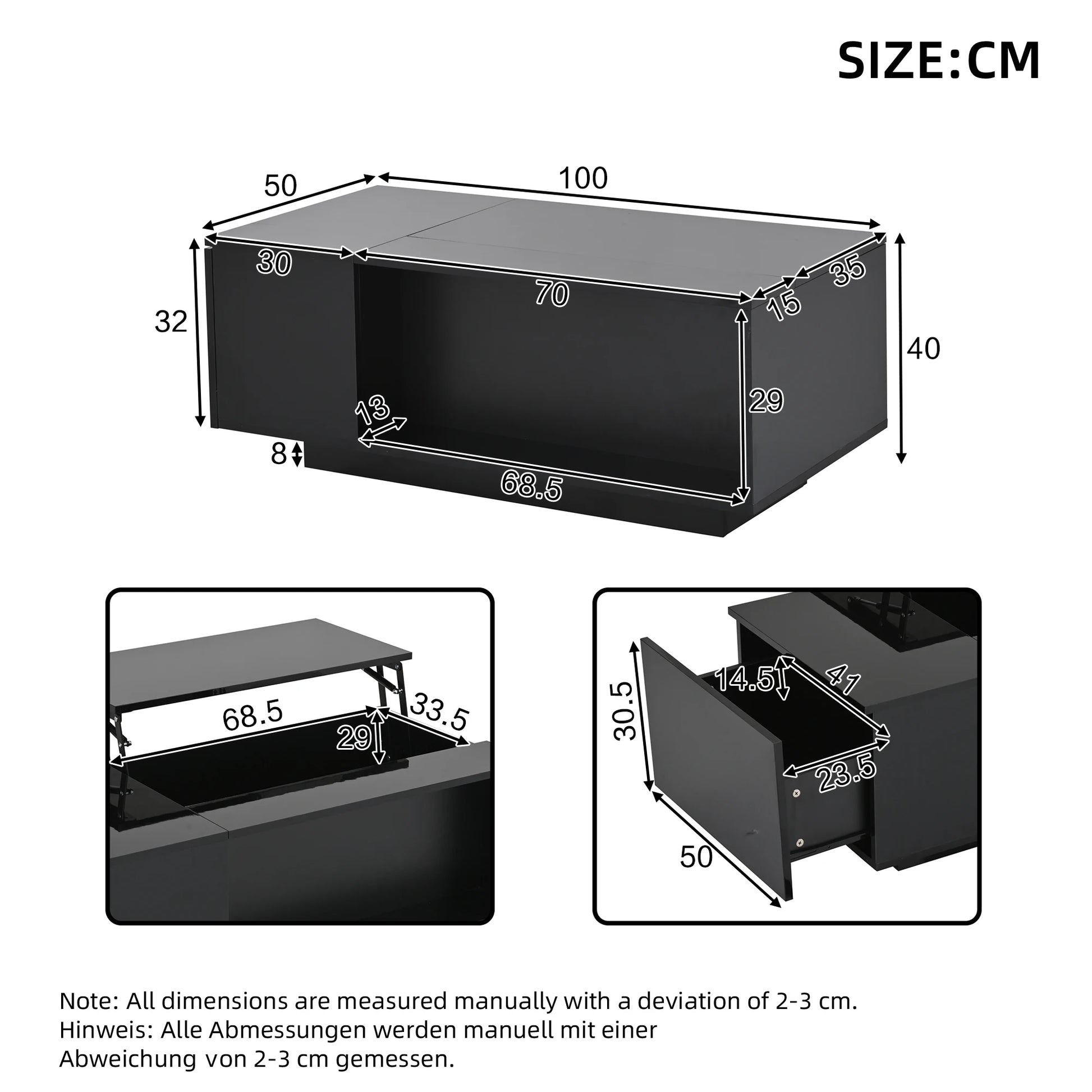 Salontafel – Koffietafel – Bijzettafel – Woonkamertafel – Tafel – Verstelbaar Hoogte – Met Verstelbare LED-verlichting en Opbergruimte – 100x50x40 cm - QUORE