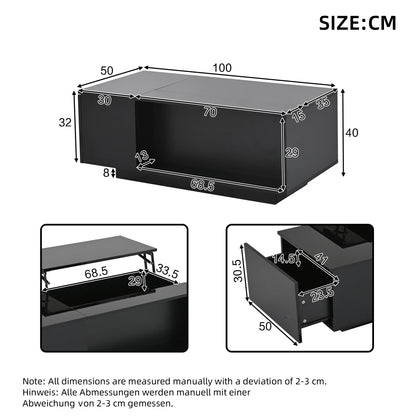 Salontafel – Koffietafel – Bijzettafel – Woonkamertafel – Tafel – Verstelbaar Hoogte – Met Verstelbare LED-verlichting en Opbergruimte – 100x50x40 cm - QUORE