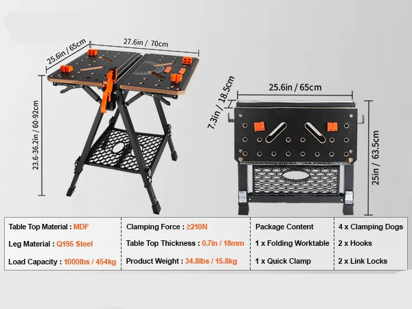 Inklapbare Werkbank – Multifunctionele Werktafel – Opvouwbare Werkbank – Draagbare Werktafel – 7 Verstelbare Hoogtes – 454 Kg Draagvermogen -  70x65 cm
