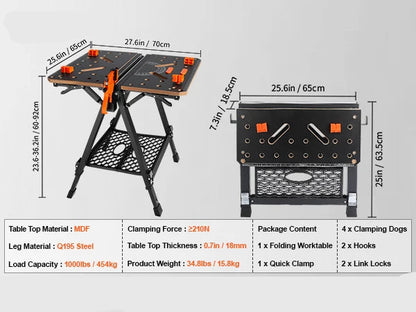 Inklapbare Werkbank – Multifunctionele Werktafel – Opvouwbare Werkbank – Draagbare Werktafel – 7 Verstelbare Hoogtes – 454 Kg Draagvermogen -  70x65 cm
