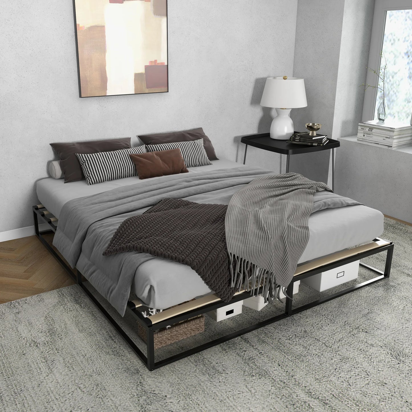 Bedframe – Tweepersoonsbed – Platformbed – Slaapbank – Boxspring – Industrieel Design – Stalen Frame - 200x180x25 cm - Zwart - QUORE